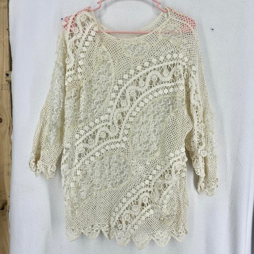 Vintage Crochet Lace Beaded Sequin Boho Tunic Top Womens XL Ivory Sheer Floral